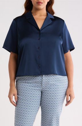 Liverpool L.A. Satin Camp Shirt in Dark Navy at Nordstrom, Size 2 X