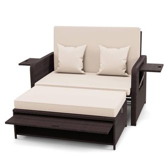 Costway Costway Patio Rattan Daybed Set Wicker Loveseat Sofa w/Ottoman & Side Tray in Brown