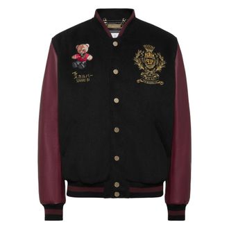 Philipp Plein Leren en Wol Varsity Bomberjack Teddybeer - Heren - Bomber jackets - Zwart - M - Wol - Jassen
