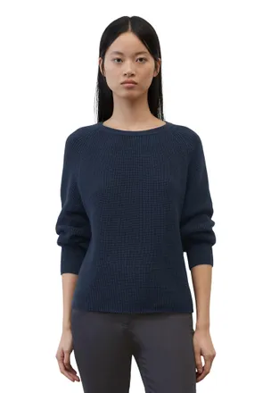 Marc O'Polo Rundhalspullover MARC OPOLO, Damen, Gr. XL, blau (dunkelblau), Strick, Obermaterial: 97% Baumwolle, 3% Elasthan, unifarben, Pullover Rundhalspullover,