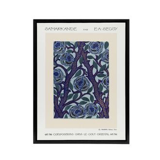 Artery8 Vintage Rose Bush Flower Pattern Framed Canvas Wall Art Print Seguy in Blue | Size: W24 x H32