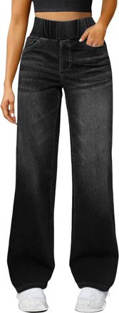 Generic Wide Leg Jeans for Women High Waisted Stretchy Pull On Tummy Control Straight Leg Denim Pants with Pockets
