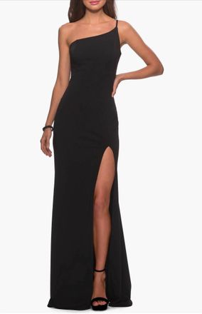 La Femme One Shoulder Jersey Slit Column Dress In Black