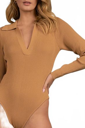 Elan V-Neck Sweater Bodysuit In Camel