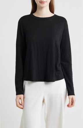 Eileen Fisher Long Sleeve Organic Linen T-Shirt in Black at Nordstrom, Size Xx-Small