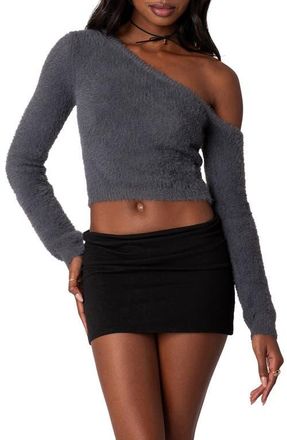 Edikted Frannie One-Shoulder Fuzzy Crop Top in Gray at Nordstrom, Size Large
