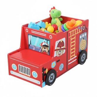Relaxdays Relaxdays Fire Engine Toy Box, Childrens Room, HWD: 34 x 60 x 32 cm, Storage & Secret Compartment, MDF, Multicolour