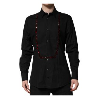 Dolce & Gabbana Black Crystal Embellished Gold Dress Shirt - male - Dolce & Gabbana - Formal Shirts - Black - 2XS - Shirts