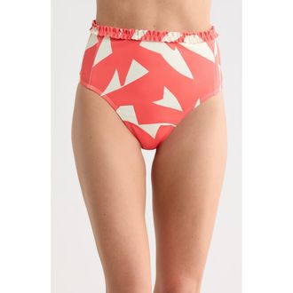 Hutch Ruffle Trim High Waist Bikini Bottoms in Ivory/Coral Cut Out Block Geo at Nordstrom Rack, Size Medium