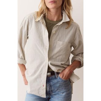 Marine Layer Jane Relaxed Pinstriped Pima Cotton Shirt in Olive Pinstripe at Nordstrom, Size X-Large