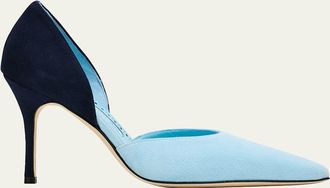 Manolo Blahnik 90mm Taylerbinu Bicolor Suede Pointed-Toe Pumps
