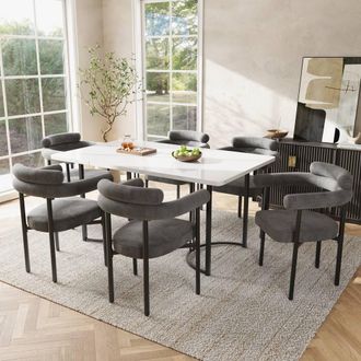 Merax Set of 6 Upholstered Dining Chair with Arms & Black Metal Leg in Grey