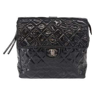 Chanel Vintage Square Flap Enamel Black Patent_Leather Backpack Bag (Pre-Owned)