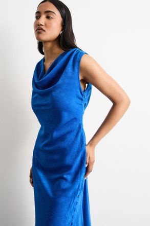 Warehouse Womens Cowl Bias Satin Dress With Button Detail - Blue - Size 14 UK