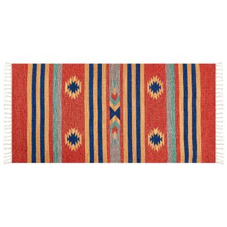 Beliani Alfombra Kilim De Algod&oacute;n Azul Rojo Naranja 80 X 150 Cm A Mano Geom&eacute;trico Borlas Hatis