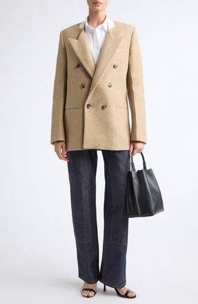 Victoria Beckham Beatrice Double Breasted Wool Blend M&eacute;lange Blazer in Camel Melange at Nordstrom, Size 10