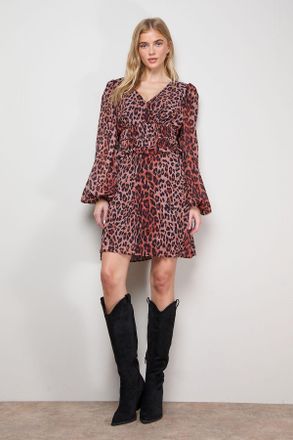 Oasis Womens Printed Pleated Skirt Long Sleeve Mini Dress - Animal - Size 16 UK