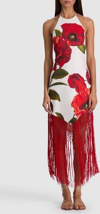 Alice & Olivia Mallory Fringe Halter Linen Blend Maxi Dress in Summer Poppy at Nordstrom, Size 12