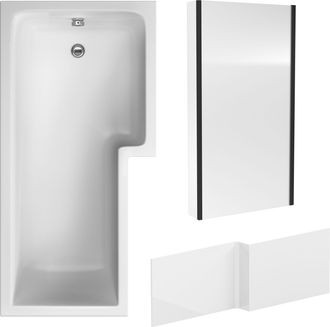 Balterley L Shape 1700x850 Shower Bath Set - Panel & Black Return Screen RH in White