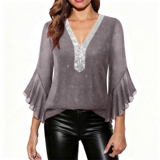 Generic Womens Sparkly Solid Colour Mesh Party Tops Ladies V-Neck 3/4 Sleeve Blouse with Gold/Silver Foil-Printed Trim Shimmery Evening Shirt Elegant Sparkly 