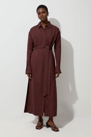 Karen Millen Womens Viscose Linen Woven Belted Shirt Midi Dress - Chocolate - Size 6 UK