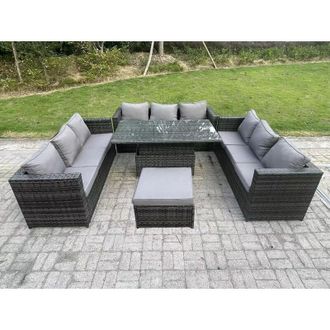 Fimous 10 Seater Rattan Garden Furniture Sofa Set Outdoor Adjustable Rising Lifting Dining Table Set with Big Footstool Dark Grey Mixed - Fimous