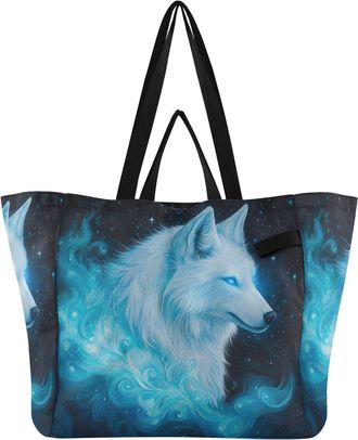 Generic Wolf Blue Star print Reusable Canvas Tote Bag, Heavy Duty Grocery Shopping Bag with Large Capacity Hard Bottom Double Handles Work Groceries Travel