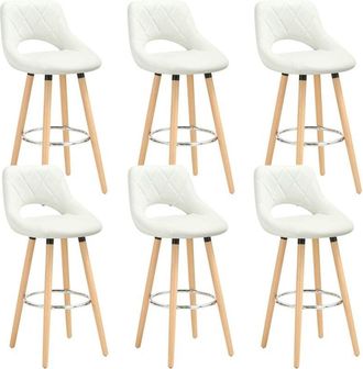 Woltu Woltu Juego De 6 Taburetes De Bar, Piel Sint&eacute;tica Y Madera Maciza Con Respaldo Y Reposapi&eacute;s 43x43x91cm Blanco