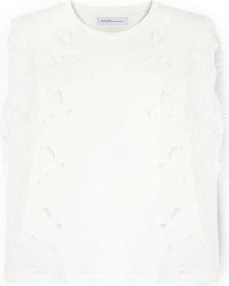 Motivi T-shirt met kanten inzetstukken - Dames - Tops zonder mouwen - Wit - XS - Katoen - Tops