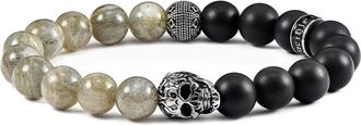 Crucible Jewelry Single Skull Stretch Bracelet with 10mm Matte Black Onyx and Labradorite Beads