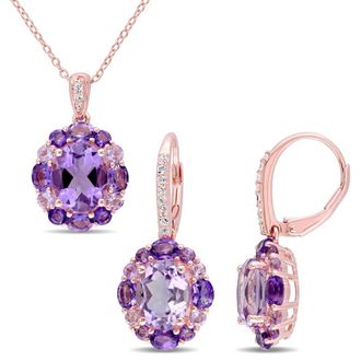 Amour 2-pc Set Of 9 1/5 CT TGW Amethyst, White Topaz, Rose De France Floral Pendant with Chain and Earrings Set In Rose Plated Sterling Silver