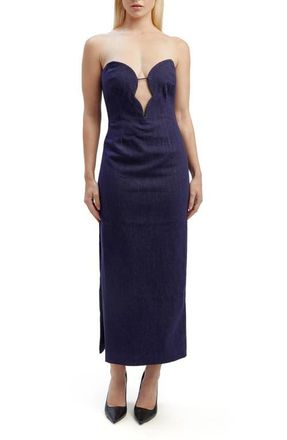 Bardot Eleni Strapless Plunge Neck Denim Dress in Dark at Nordstrom, Size 2