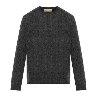 Valentino Garavani Round-neck Knitwear, female, Gray, Size: XS Wool Sweater with Decorative Knit