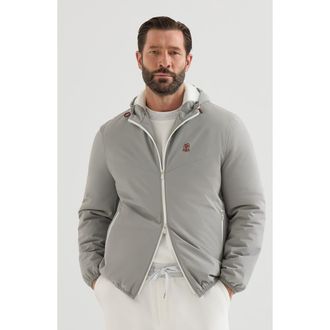 Brunello Cucinelli Bonded nylon hooded outerwear jacket with Thermore padding and logo in Grey at Nordstrom, Size Xxx-Large Eu