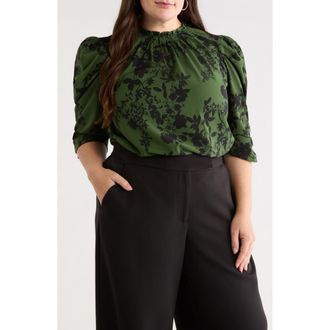Sugarlips Tindrie Floral Puff Sleeve Top in Olive-Black at Nordstrom, Size 3X