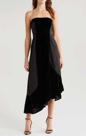 Du Paradis Geneva Mixed Media Strapless Asymmetric Midi Dress In Black