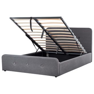 Beliani Cama Tapizada En Tela Gris Oscuro 140 X 200 Cm Con Almacenamiento Y Somier Patas De Madera Dise&ntilde;o Moderno Rennes