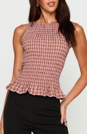 Princess Polly Chauntelle Gingham Smocked Cotton Blend Top in Pink Check at Nordstrom, Size 6