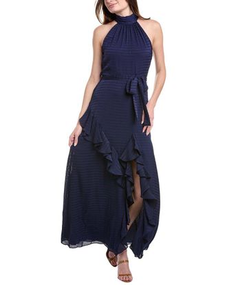 Anne Klein Satin Check Asymmetrical Ruffle Hem Maxi Dress