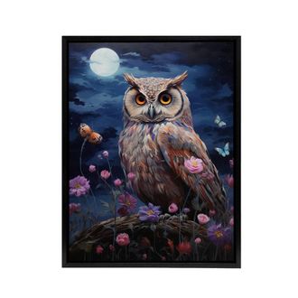 Artery8 Owl With Wildflowers Under A Full Moon Framed Canvas Wall Art Print in Blue | Size: W24 x H32