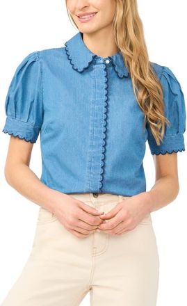 CeCe by Cynthia Steffe Scallop Trim Puff Sleeve Denim Placket Button-Up Shirt in Light Indigo at Nordstrom, Size Xx-Small