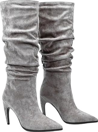 Generic Women Thigh High Suede Boots Pleated Shaft Stiletto Heel Winter Outdoor Casual Long Boot