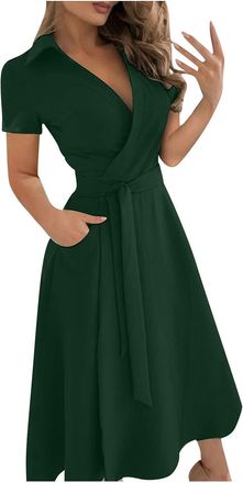 Generic Dresses Wrap Dress Body Short HIPS Womens Lace V-Neck Color Long Slim Sleeve Womens Dress (Army Green, S)