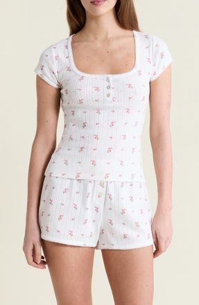 Etam Katell Pointelle Cotton Pajama Top in Ecru/pink at Nordstrom, Size X-Large