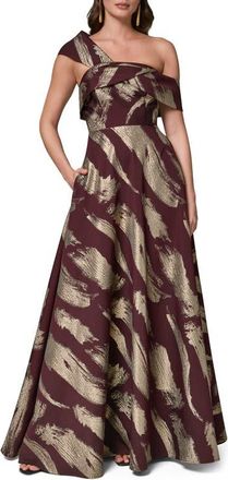 DKNY Metallic Abstract Print One-Shoulder Gown in Prune/pale at Nordstrom, Size 16
