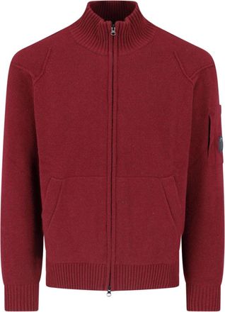 C.P. Company Burgundy Wool Blend Zip-Up Cardigan With Ribbed Collar