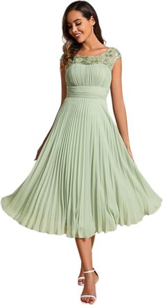 Ever-pretty Womens Classic Round Neck Short Sleeves Pleated A-Line Midi Length Chiffon Dresses for Wedding Guest Sage Green 8UK