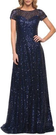 La Femme Embellished Illusion Mesh Column Gown in Navy at Nordstrom, Size 14