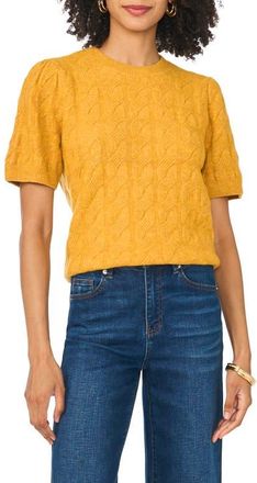 Vince Camuto Cable Stitch Puff Sleeve Sweater in Amber at Nordstrom, Size Xx-Large