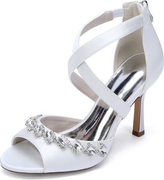 Generic Womens Rhinestone Satin Bridal Stiletto Sandals Dress Wedding Heel Formal Evening Shoes 9.5Cm,White,10 UK